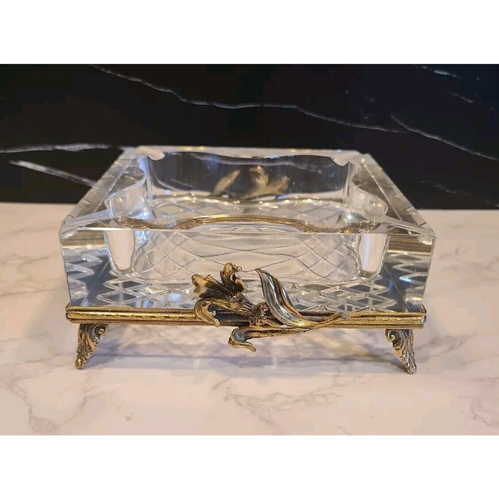 Vintage Glass Crystal Ashtray on a Gilt Ormolu Base Stand Hollywood Regency MCM